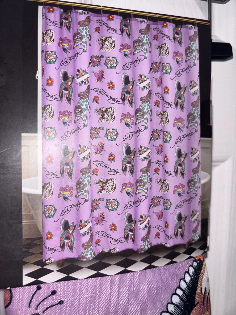 Ed Hardy Lavender Tattoo-Print Bath Set with White Liner